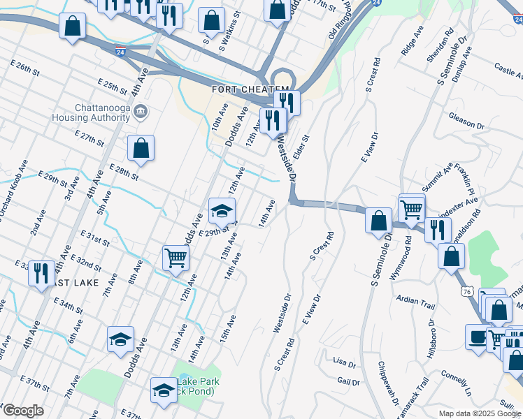 map of restaurants, bars, coffee shops, grocery stores, and more near 2637 14th Avenue in Chattanooga