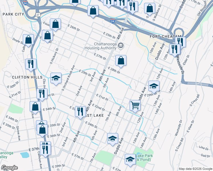 map of restaurants, bars, coffee shops, grocery stores, and more near 2913 8th Avenue in Chattanooga