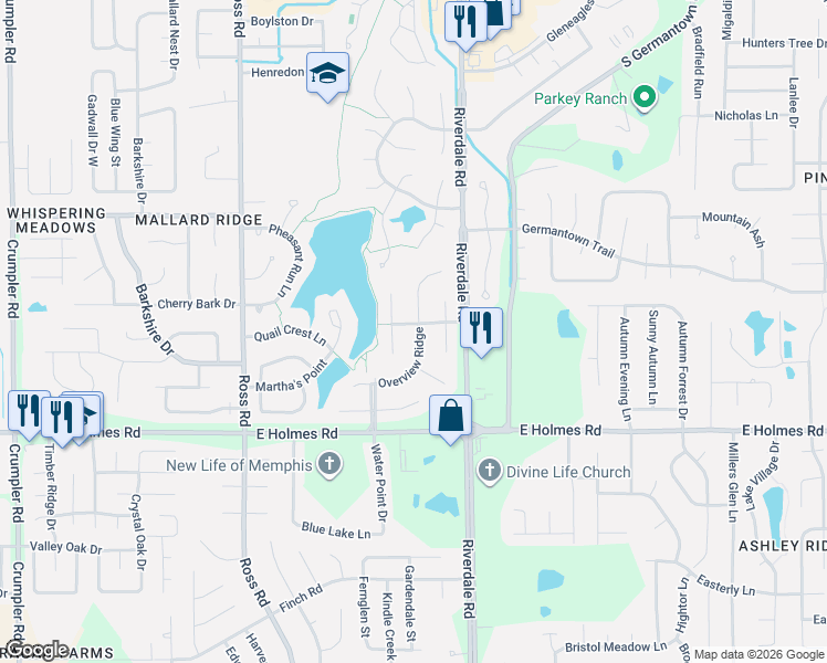 map of restaurants, bars, coffee shops, grocery stores, and more near 5122 Waters Edge Cove South in Memphis