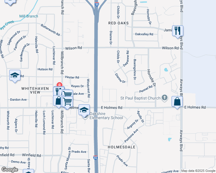 map of restaurants, bars, coffee shops, grocery stores, and more near 1877 Pennel Road in Memphis