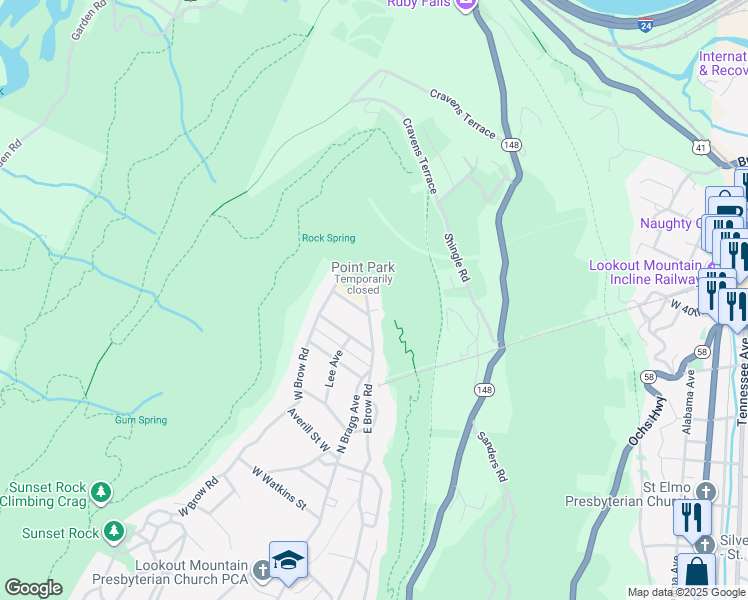 map of restaurants, bars, coffee shops, grocery stores, and more near 1010 East Brow Road in Lookout Mountain