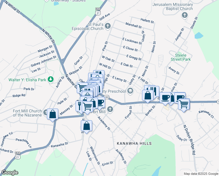 map of restaurants, bars, coffee shops, grocery stores, and more near 114 East Elliott Street in Fort Mill