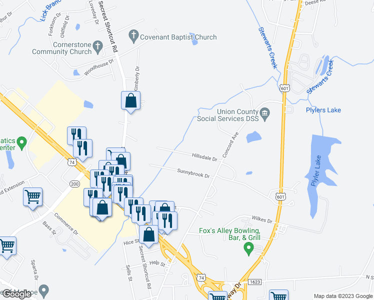 map of restaurants, bars, coffee shops, grocery stores, and more near 516 Hillsdale Drive in Monroe