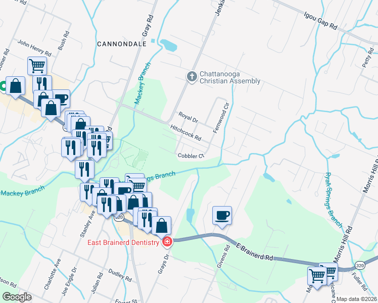 map of restaurants, bars, coffee shops, grocery stores, and more near 8118 Hitchcock Road in Chattanooga