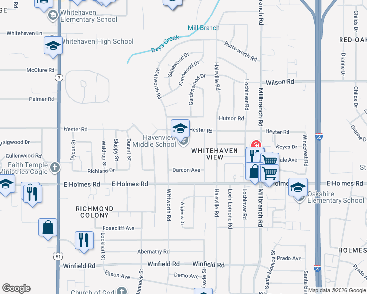 map of restaurants, bars, coffee shops, grocery stores, and more near 1481 Hester Road in Memphis