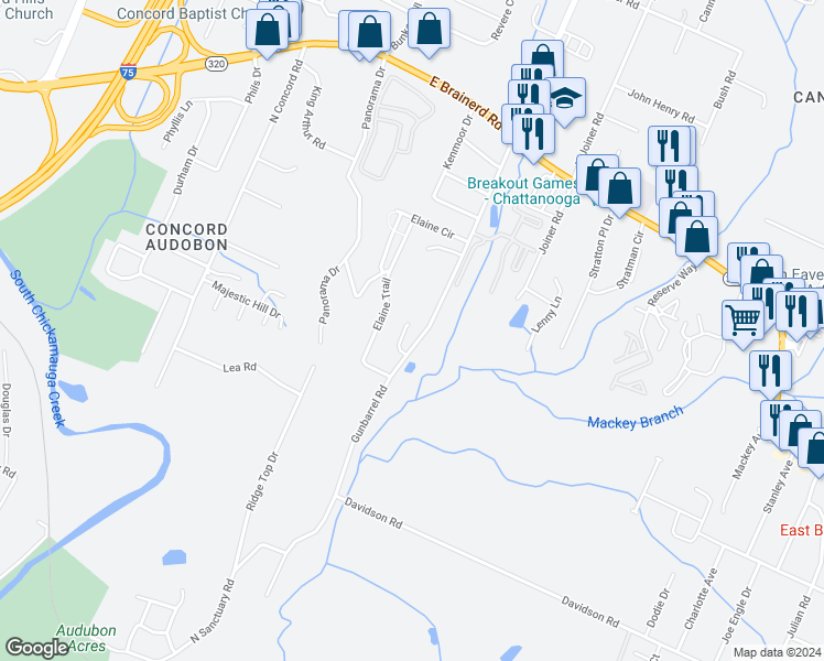map of restaurants, bars, coffee shops, grocery stores, and more near 7325 Huntley Lane in Chattanooga