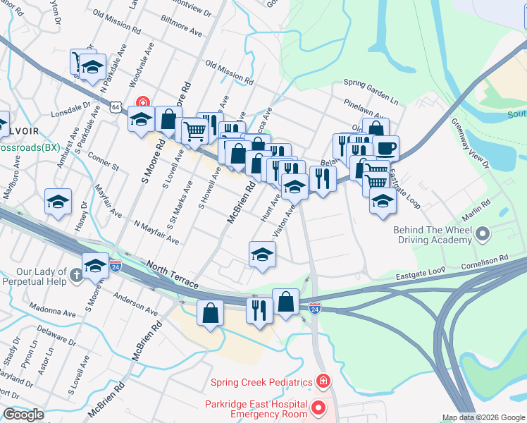 map of restaurants, bars, coffee shops, grocery stores, and more near 92 Hunt Avenue in Chattanooga