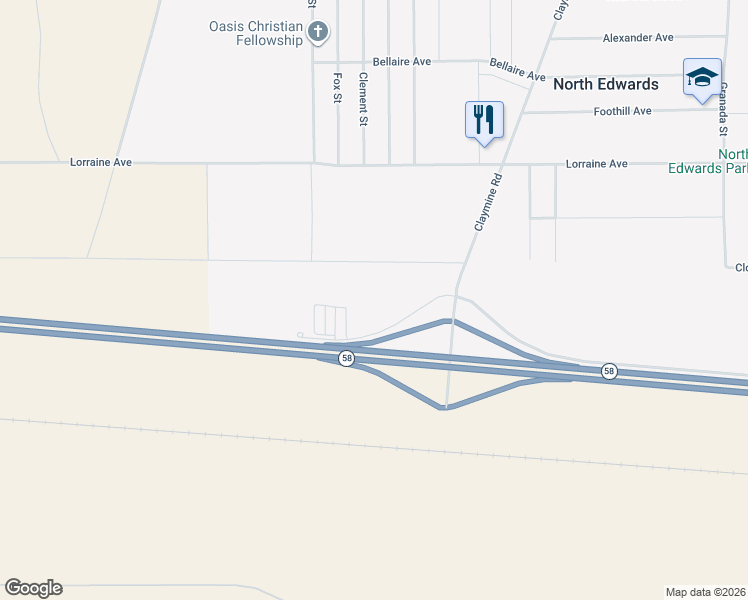 map of restaurants, bars, coffee shops, grocery stores, and more near 16450 Frontage Road in North Edwards