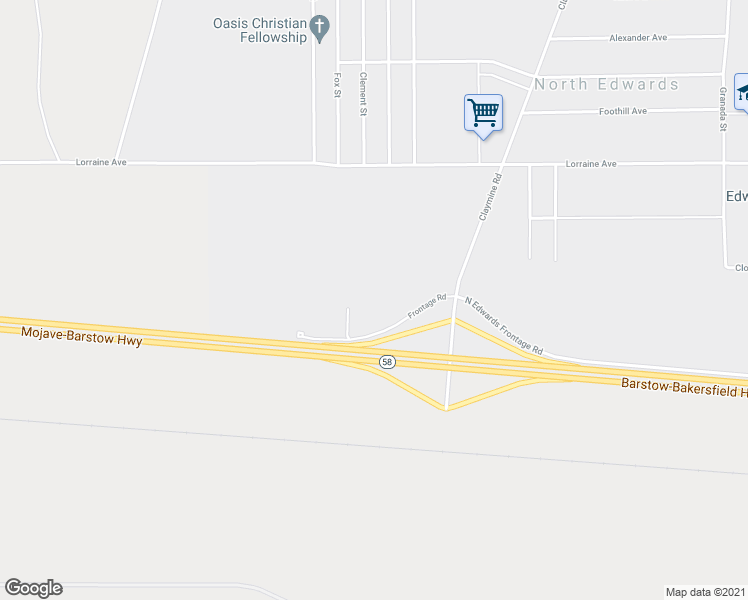 map of restaurants, bars, coffee shops, grocery stores, and more near 16450 Frontage Road in North Edwards