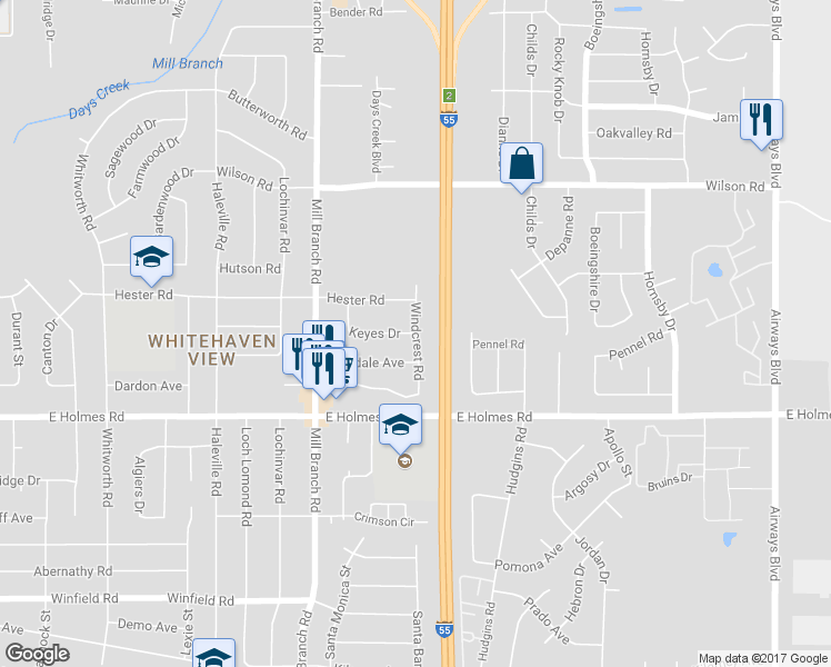 map of restaurants, bars, coffee shops, grocery stores, and more near 5107 Windcrest Road in Memphis