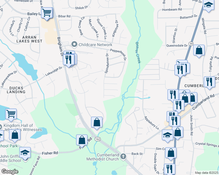 map of restaurants, bars, coffee shops, grocery stores, and more near 5586 Quietwood Place in Fayetteville