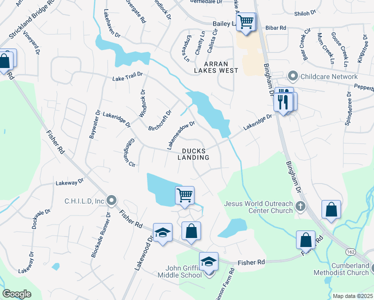 map of restaurants, bars, coffee shops, grocery stores, and more near 2050 Lakeridge Drive in Fayetteville