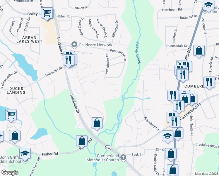 map of restaurants, bars, coffee shops, grocery stores, and more near 5586 Quietwood Place in Fayetteville