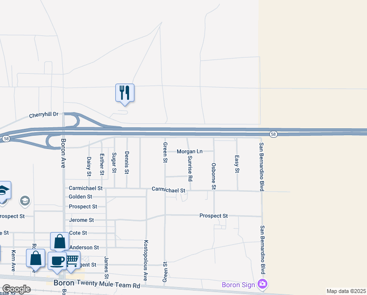 map of restaurants, bars, coffee shops, grocery stores, and more near Morgan Lane in Boron