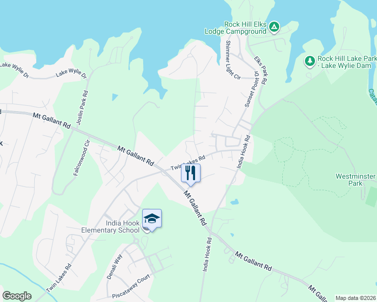 map of restaurants, bars, coffee shops, grocery stores, and more near 1865 Twin Lakes Road in Rock Hill
