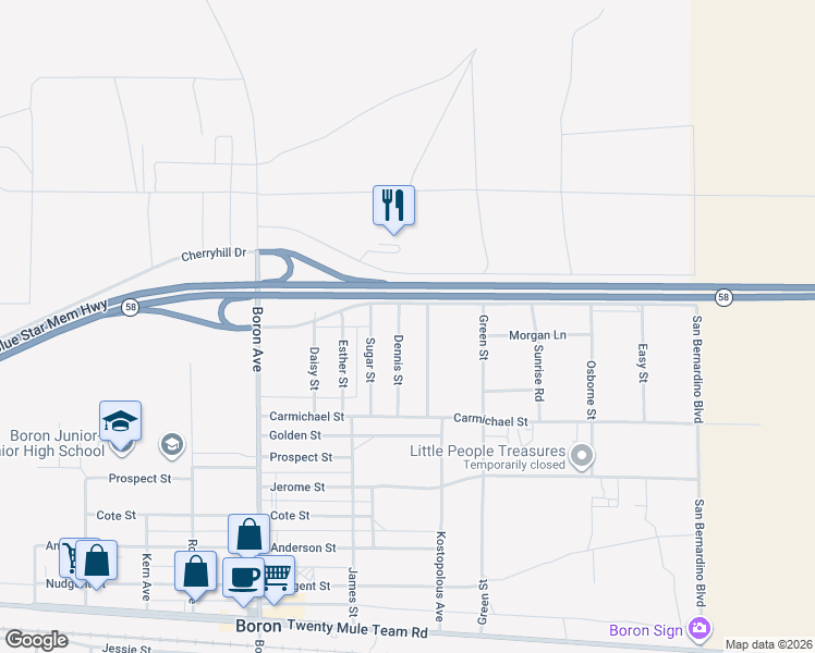 map of restaurants, bars, coffee shops, grocery stores, and more near in Boron