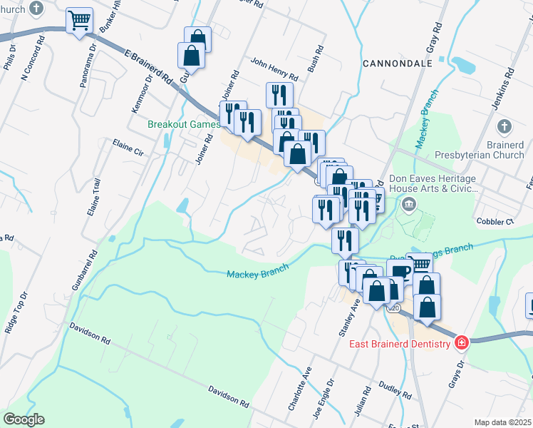 map of restaurants, bars, coffee shops, grocery stores, and more near 7725 Aspen Lodge Way in Chattanooga