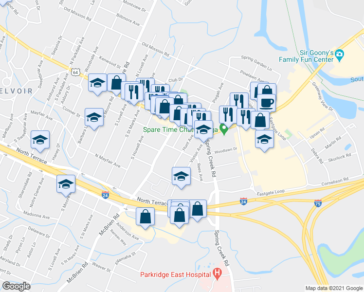 map of restaurants, bars, coffee shops, grocery stores, and more near 92 Hunt Avenue in Chattanooga