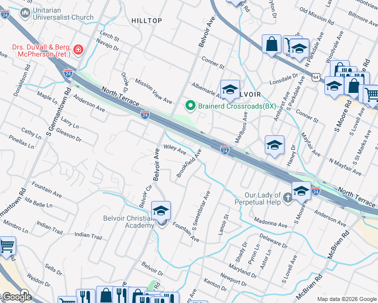 map of restaurants, bars, coffee shops, grocery stores, and more near 603 Brookfield Avenue in Chattanooga