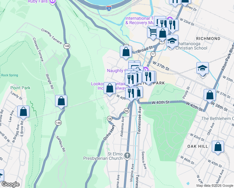 map of restaurants, bars, coffee shops, grocery stores, and more near 14 Fairoak Place in Chattanooga