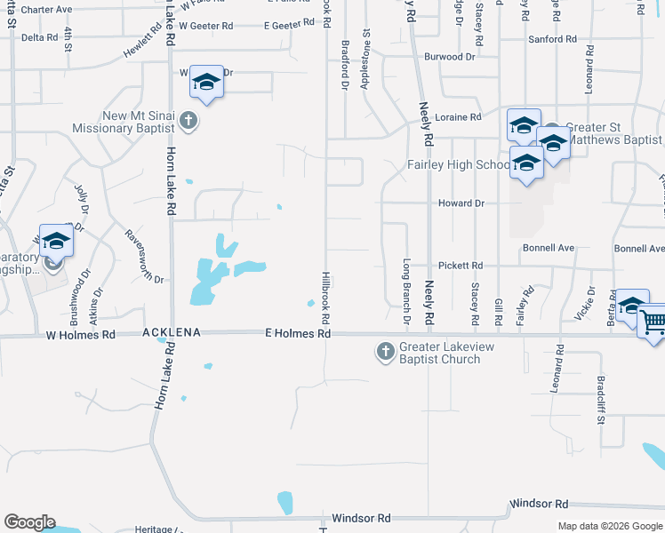 map of restaurants, bars, coffee shops, grocery stores, and more near 5113 Hillbrook Road in Memphis