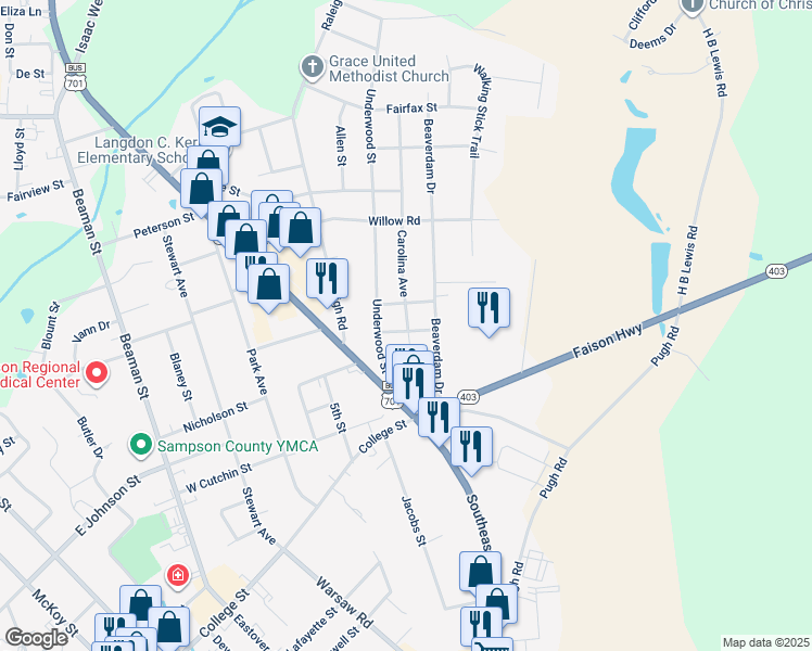 map of restaurants, bars, coffee shops, grocery stores, and more near 303 Carolina Avenue in Clinton
