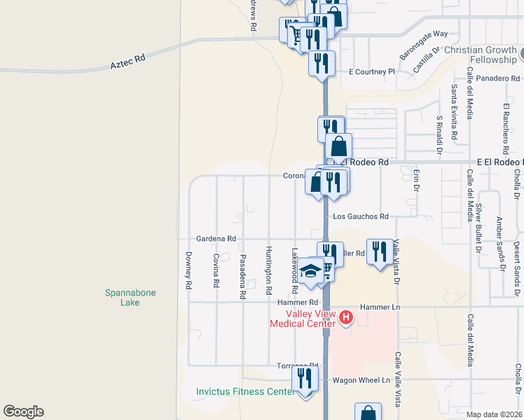 map of restaurants, bars, coffee shops, grocery stores, and more near 5103 Huntington Road in Fort Mohave