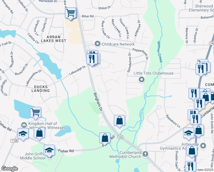 map of restaurants, bars, coffee shops, grocery stores, and more near 2409 Painters Mill Drive in Fayetteville