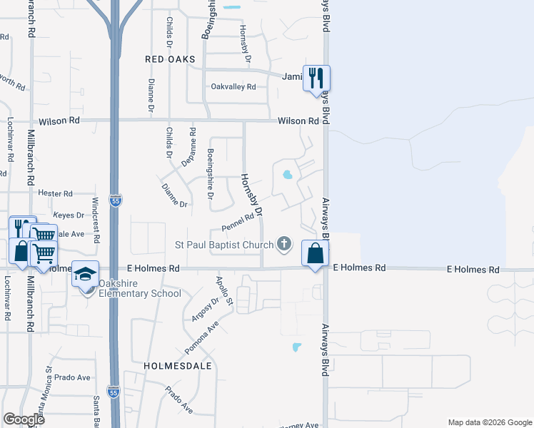 map of restaurants, bars, coffee shops, grocery stores, and more near 5123 Hornsby Drive in Memphis