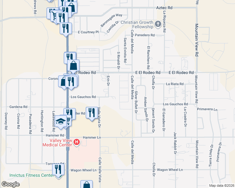 map of restaurants, bars, coffee shops, grocery stores, and more near 5095 Erin Road in Fort Mohave