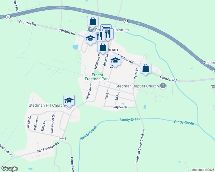 map of restaurants, bars, coffee shops, grocery stores, and more near 5127 Jefferson Street in Stedman
