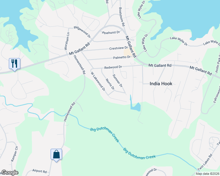 map of restaurants, bars, coffee shops, grocery stores, and more near 1535 Norris Drive in Rock Hill