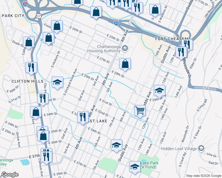 map of restaurants, bars, coffee shops, grocery stores, and more near 2913 8th Avenue in Chattanooga