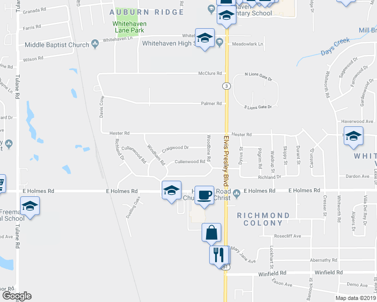 map of restaurants, bars, coffee shops, grocery stores, and more near 1065 Craigwood Drive in Memphis