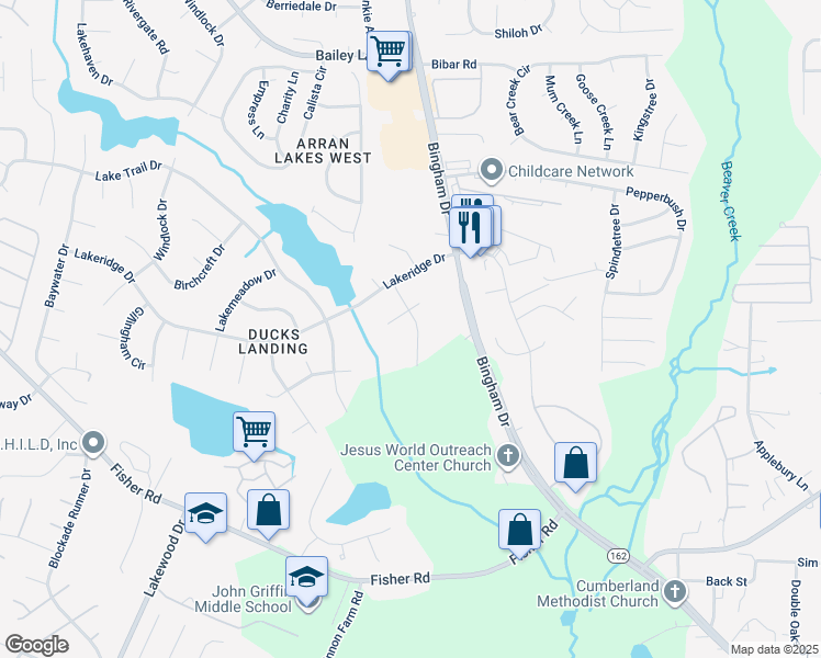 map of restaurants, bars, coffee shops, grocery stores, and more near 2016 Westfork Drive in Fayetteville