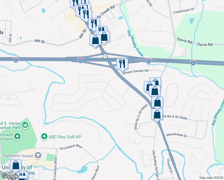 map of restaurants, bars, coffee shops, grocery stores, and more near 1561 Boiling Springs Road in Boiling Springs