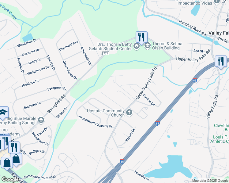 map of restaurants, bars, coffee shops, grocery stores, and more near 801 Upper Valley Falls Road in Boiling Springs
