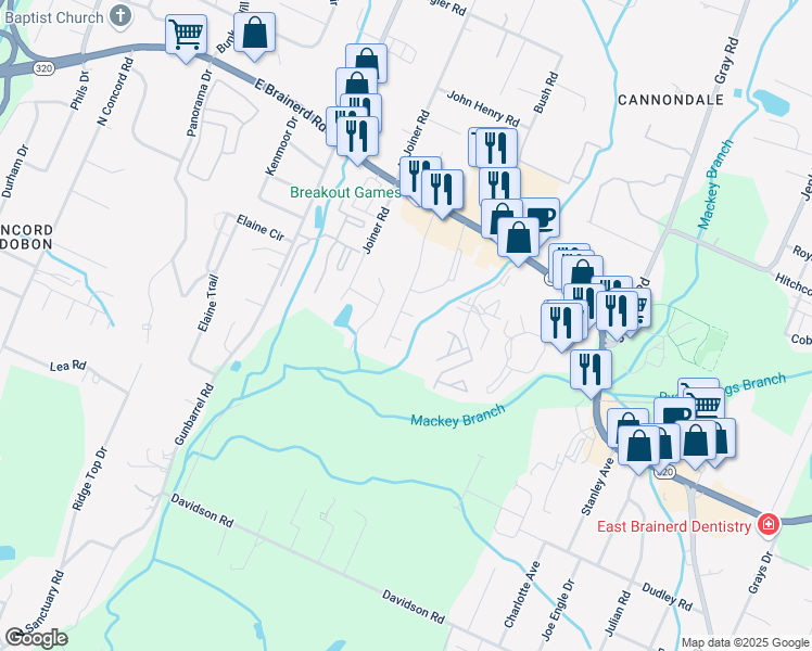 map of restaurants, bars, coffee shops, grocery stores, and more near 1316 Stratton Place Drive in Chattanooga