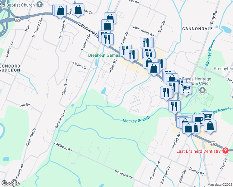 map of restaurants, bars, coffee shops, grocery stores, and more near 1316 Stratton Place Drive in Chattanooga