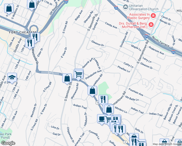 map of restaurants, bars, coffee shops, grocery stores, and more near 919 Donaldson Road in Chattanooga