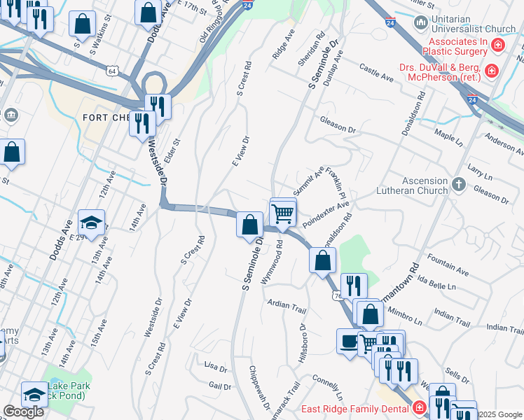 map of restaurants, bars, coffee shops, grocery stores, and more near 915 South Seminole Drive in Chattanooga