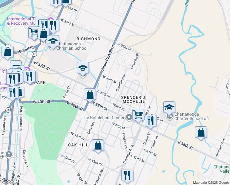 map of restaurants, bars, coffee shops, grocery stores, and more near 305 West 37th Street in Chattanooga
