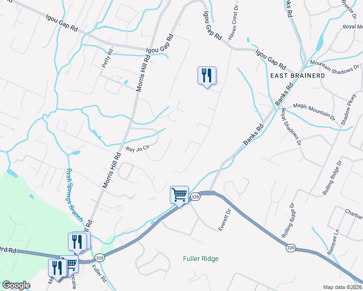 map of restaurants, bars, coffee shops, grocery stores, and more near 8803 Point South Lane in Chattanooga