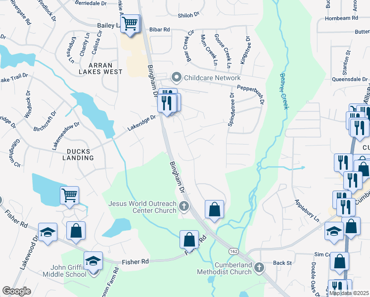 map of restaurants, bars, coffee shops, grocery stores, and more near 2404 Painters Mill Drive in Fayetteville