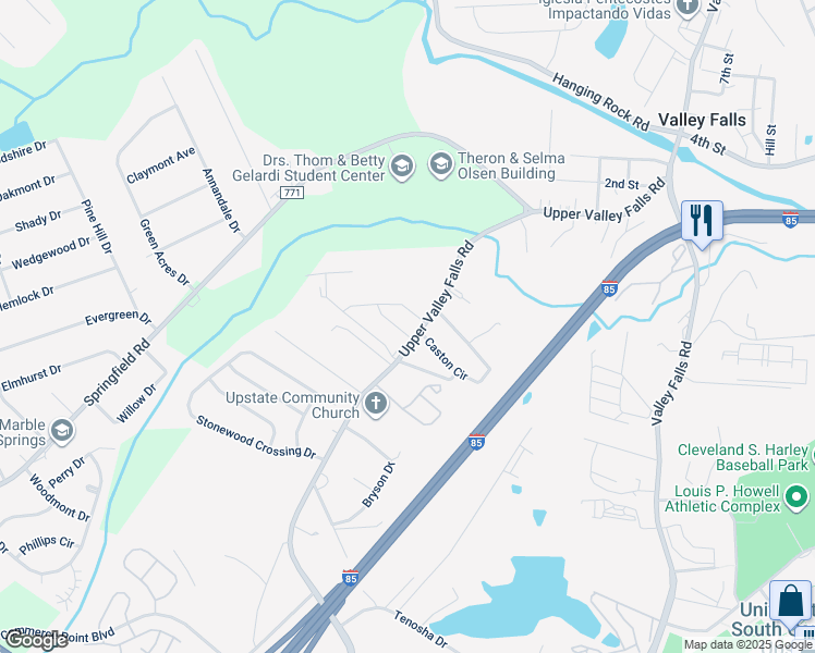 map of restaurants, bars, coffee shops, grocery stores, and more near 842 Upper Valley Falls Road in Boiling Springs