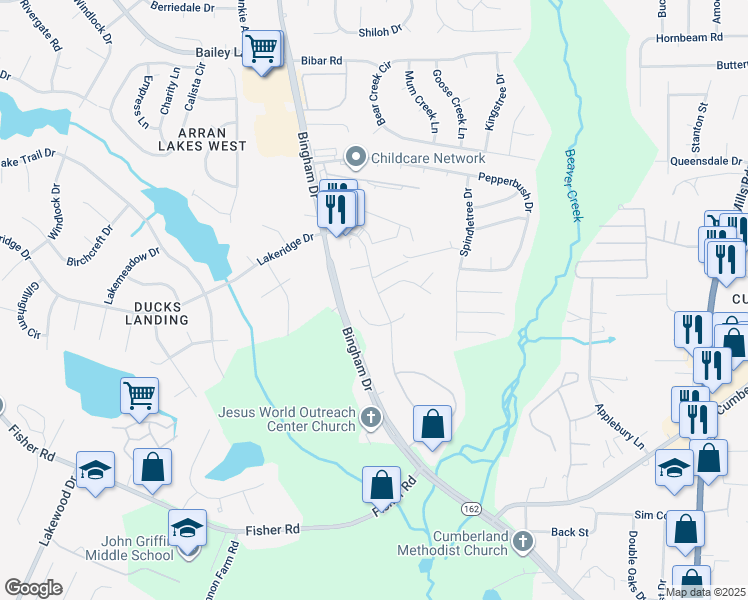 map of restaurants, bars, coffee shops, grocery stores, and more near 2404 Painters Mill Drive in Fayetteville