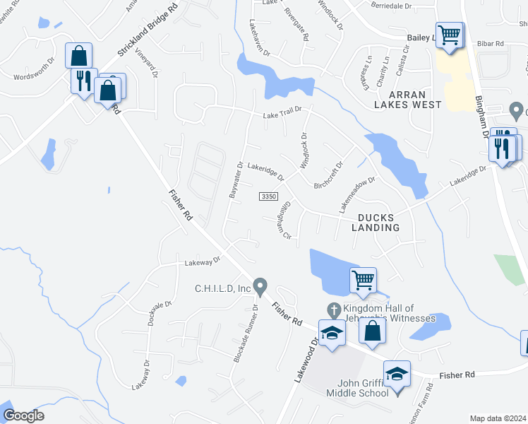map of restaurants, bars, coffee shops, grocery stores, and more near 2012 Cobblestone Place in Fayetteville