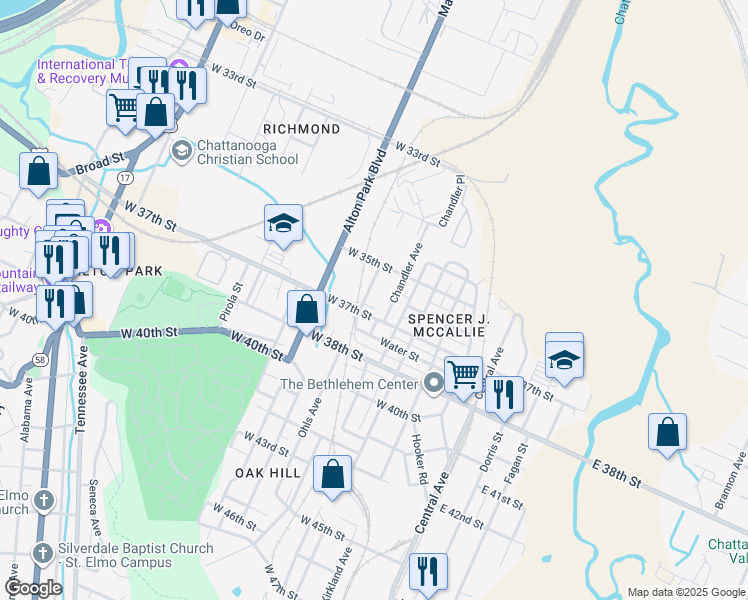 map of restaurants, bars, coffee shops, grocery stores, and more near 3511 Ohls Avenue in Chattanooga