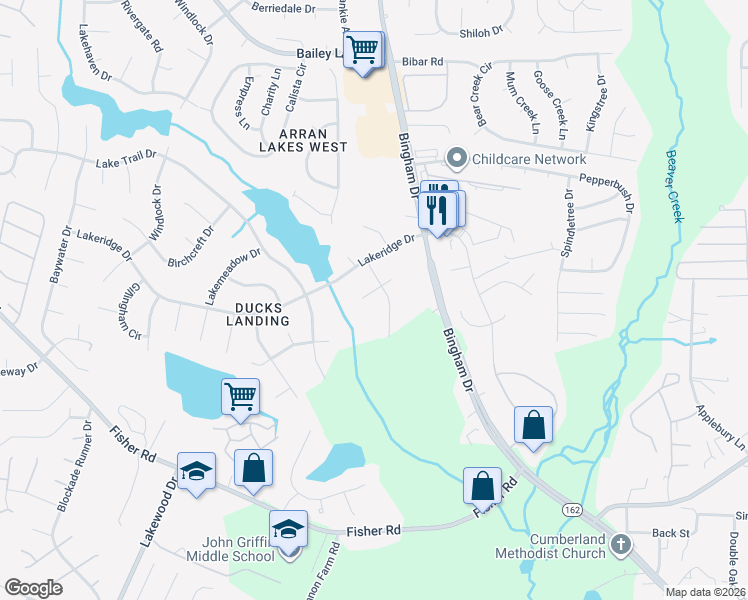 map of restaurants, bars, coffee shops, grocery stores, and more near 2008 Westfork Drive in Fayetteville