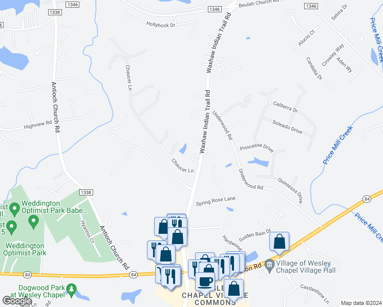 map of restaurants, bars, coffee shops, grocery stores, and more near 5636 Waxhaw Indian Trail Road in Matthews